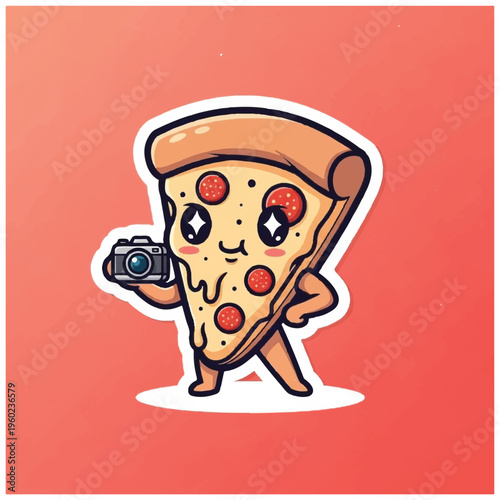 A cartoon slice of pizza holding a camera and posing with a cheerful expression on a red background. Perfect for food blogs, social media posts, and advertising materials.