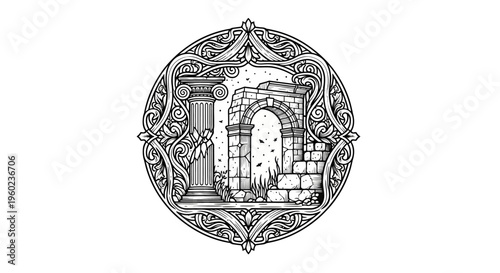 Detailed classical ruins illustration, featuring ancient stone column and archway in ornate decorative frame, vintage engraving style.