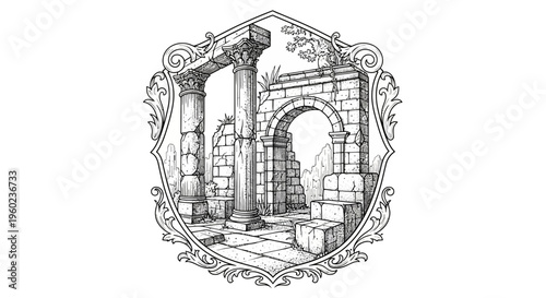 Vintage hand-drawn illustration of ancient classical ruins, featuring broken columns, stone archway, and overgrown foliage within an ornate frame.