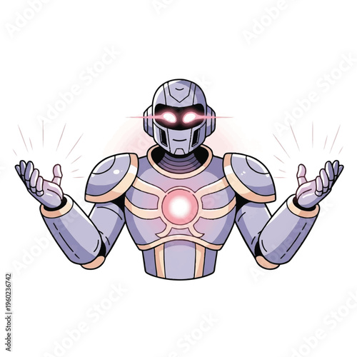 A cartoon-style illustration of a gray robot with glowing red eyes and a pulsing red light on its chest, presented with hands raised and surrounded by motion lines on a white background.