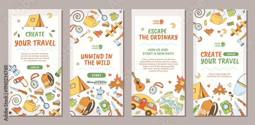 Cartoon camping banner bundle with tent, campfire, and backpack in doodle style. Vertical background combines travel, camp, and adventure themes as a color graphic for outdoor fun trip or holiday.