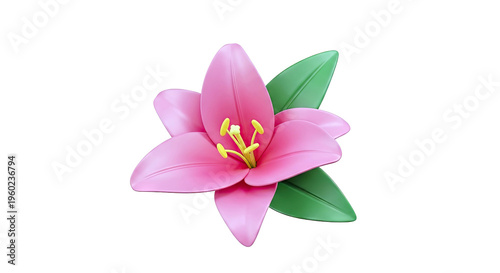 Pink Lily Flower with Green Leaves 3D Render