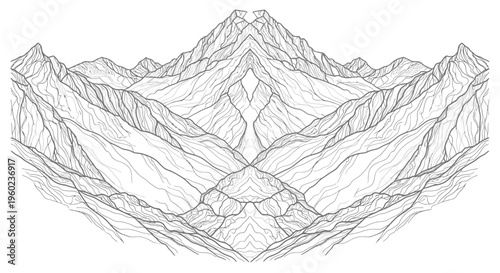 Minimalist line art mountain range illustration, abstract monochrome landscape drawing with intricate peaks and valleys on white background.