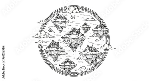 Intricate line art of ethereal sky islands, fantasy castles, and flying creatures in a circular frame