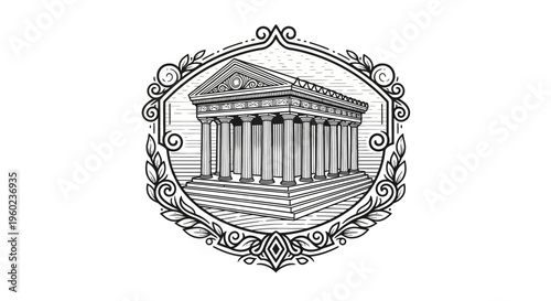 Detailed vintage engraving of a classical temple with columns and pediment, framed by ornate decorative laurel leaves and patterns.