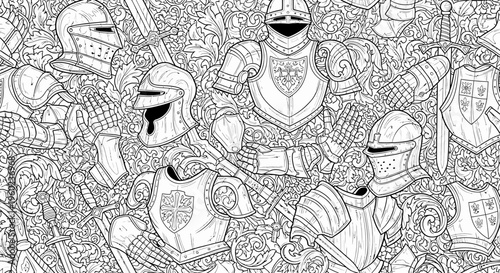 Detailed Medieval Knight Armor and Weapon Pattern. Intricate Hand-Drawn Line Art Background, Black and White.
