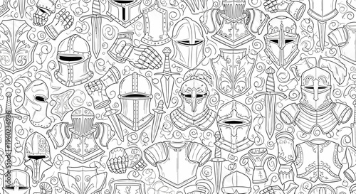 Medieval knight armor and weaponry seamless pattern. Detailed historical line art illustration with helmets, swords for fantasy theme.