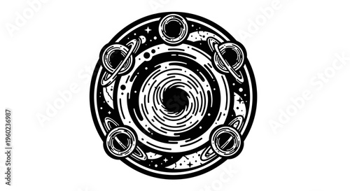 Cosmic Black Hole Illustration with Orbiting Planets and Stars in a Galaxy Swirl. Mystical Universe Space Graphic Design.