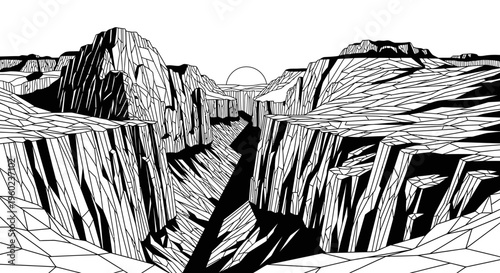 Stylized geometric black and white vector illustration of a vast canyon landscape at sunrise or sunset with abstract rock formations.