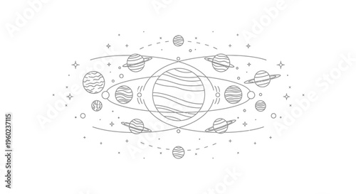 Minimalist line art illustration of a celestial solar system with orbiting planets, stars, and cosmic elements, abstract space background.