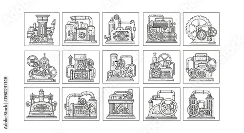 Steampunk Machinery Line Art Vector Illustrations Set. Vintage Industrial Engines and Intricate Mechanical Gear Mechanisms Drawing