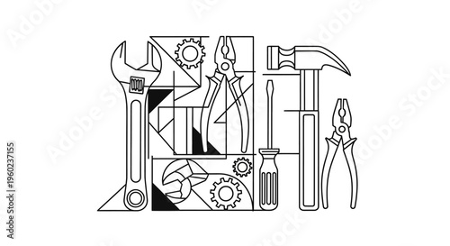 Abstract line art illustration of various hand tools like wrench, hammer, screwdriver, and pliers, representing repair, construction, and maintenance concept.