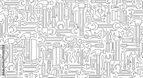 Seamless pattern of various outline hand tools on a white background. Industrial equipment, repair, and DIY instruments.