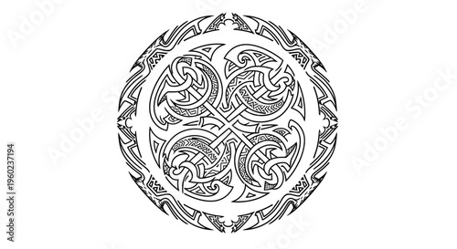 Intricate black and white circular Celtic knot pattern with traditional interwoven lines, ornate decorative tribal design
