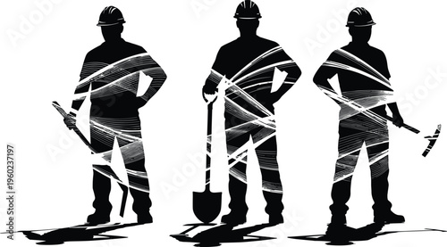 Silhouette of three construction workers wearing hard hats and holding hammer, shovel, and pickaxe, symbolizing teamwork, manual labor, industry, and building site activities with dynamic streakn