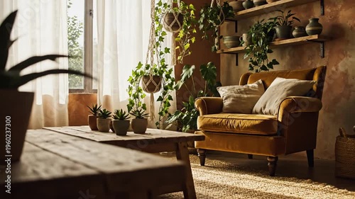 Cozy living room with warm amber sofa, hanging plants, and rustic wooden coffee table
