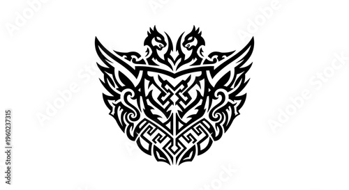 Symmetrical stylized mythical creature emblem with tribal fantasy design. Ornate black and white abstract graphic vector illustration.