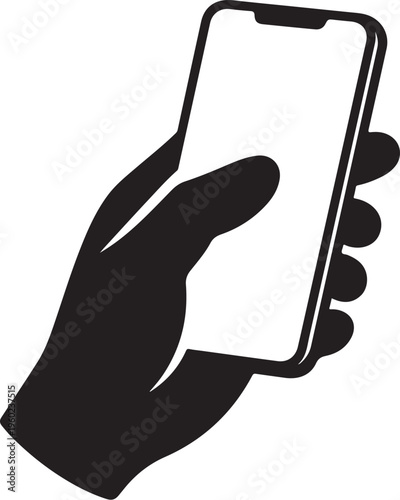 Minimalist hand holding smartphone vector icon, black silhouette mobile phone illustration, digital device mockup