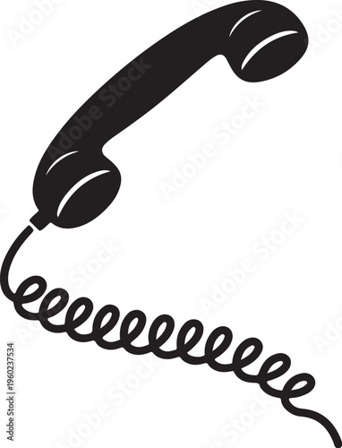 Vintage telephone handset vector icon, classic black landline phone receiver with spiral cord, retro communication tool