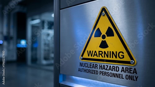 Clean energy nuclear facility warning sign in interior corridor hazard