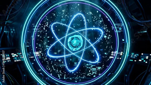 Clean energy nuclear atom hologram glowing nucleus display