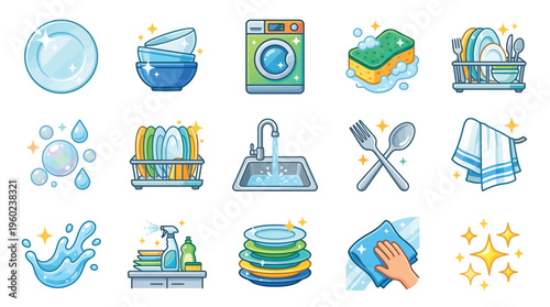 A collection of cartoon-style icons depicting various aspects of dishwashing and cleaning, including plates, bowls, a washing machine, sponges, and drying racks.