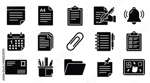 A collection of black and white icons representing office supplies and stationery items, including documents, calendars, and writing tools.