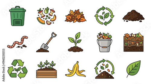 Collection of colorful flat icons representing composting, recycling, and gardening elements, including a compost bin, food scraps, leaves, worms, plants, and recycling symbols.