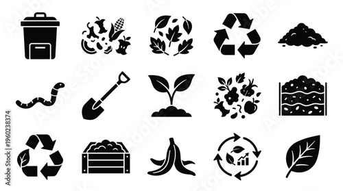 Collection of black and white icons representing composting, recycling, and gardening elements.