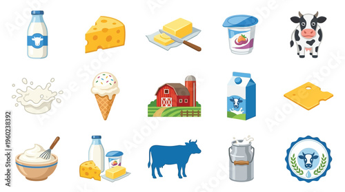 A vibrant collection of dairy products and farm-related illustrations, including milk, cheese, butter, yogurt, ice cream, and cows.