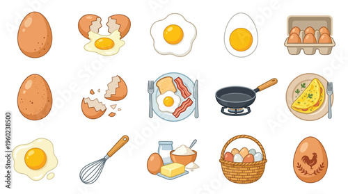 A vibrant collection of illustrations depicting various stages and preparations of eggs, from whole eggs to cooked dishes and baking ingredients.