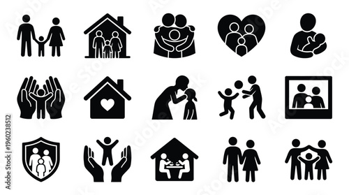 Collection of diverse family and home-related icons symbolizing protection, love, and community, presented in a clean, black and white graphic style.
