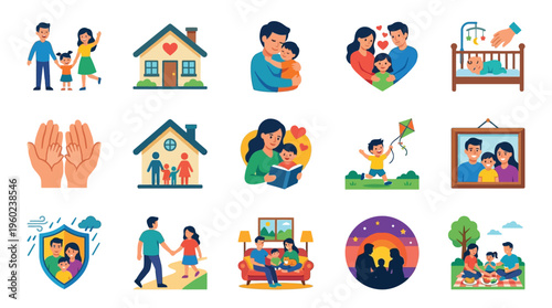 A collection of colorful flat illustrations depicting various aspects of family life, love, and home.