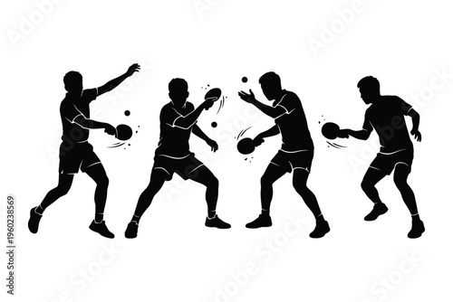 Four Table Tennis Players Silhouettes Playing Ping Pong Match Vector Illustration