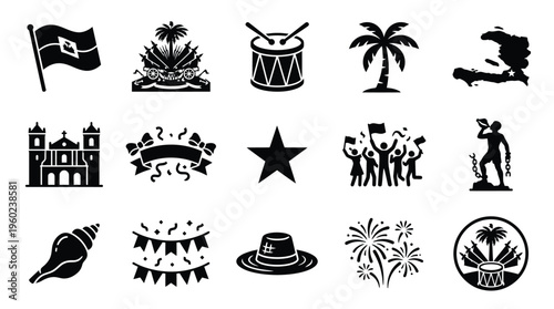 Collection of Haitian cultural symbols and national emblems, including flags, landmarks, and celebratory imagery.