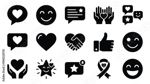 Collection of black icons representing positive emotions, support, and appreciation, including hearts, smiles, stars, and helping hands.