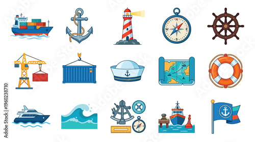 A collection of nautical and maritime icons representing various aspects of sea travel, shipping, and navigation.