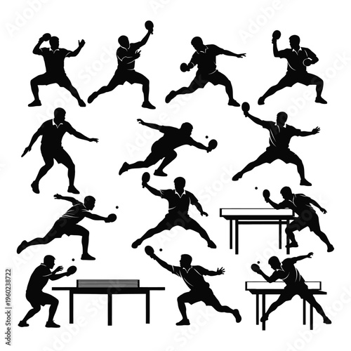 Table Tennis Players Silhouettes Set Isolated Ping Pong Sport Action Vector Collection