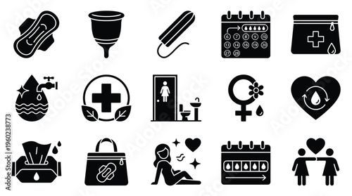 Collection of black and white icons representing feminine hygiene products, menstrual cycle tracking, and related health and wellness concepts.