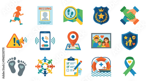 Collection of icons representing child safety, missing persons, and community support efforts.