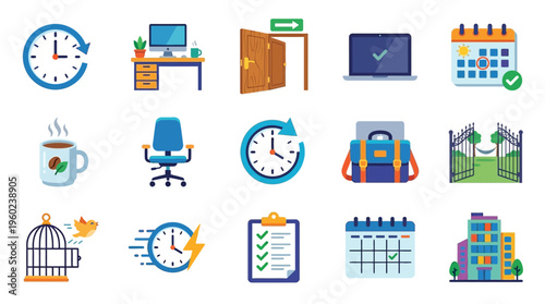 A collection of flat design icons representing various business and lifestyle concepts, including time, work, and organization.