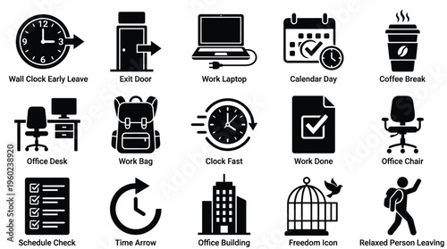 Collection of icons representing office work, time management, and daily activities, including clocks, desks, calendars, and a coffee break.
