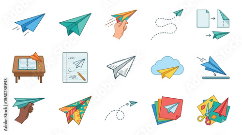 Collection of diverse paper airplanes in various stages of flight and creation, illustrating creativity and childhood fun.