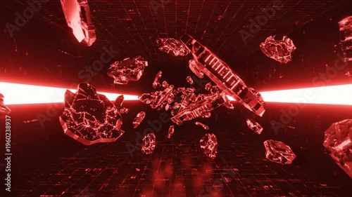 Deep red tech background with floating shattered crystal fragments and glowing light bar