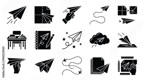 Collection of black and white icons depicting various stages and actions related to paper airplanes, from creation to flight and concepts.