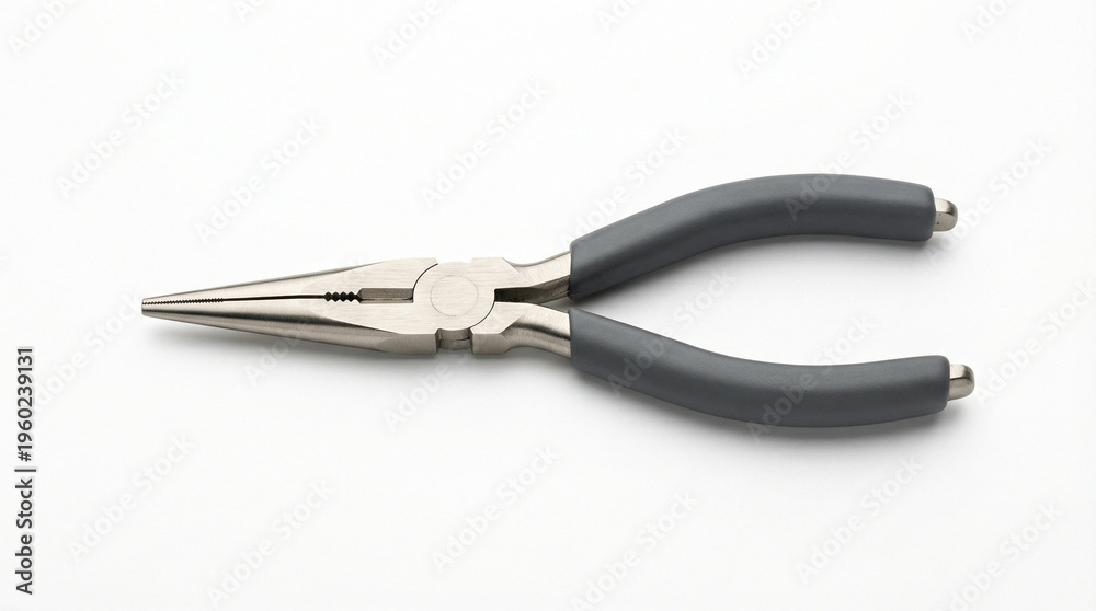 Fototapeta premium Long nose pliers with black handles isolated on white background, precision hand tool, electrical work equipment, maintenance.