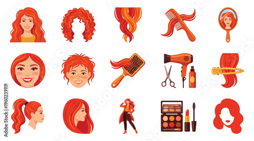 Collection of illustrations featuring red-haired women, hairstyles, and hair care products, presented in a clean, graphic style.
