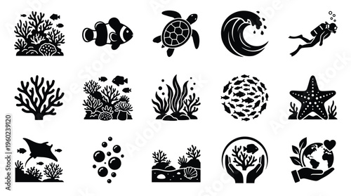 Collection of black and white icons representing marine life, coral reefs, ocean activities, and environmental conservation themes.