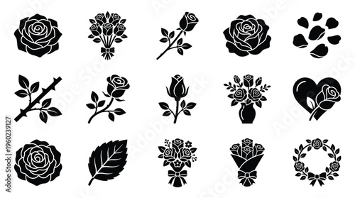 Collection of Black Silhouette Icons Representing Various Rose Flower Arrangements and Elements.