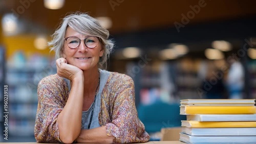 Portrait of a Librarian: A warm and inviting portrait of an experienced librarian, smiling confidently. Glasses, a casual pose, and books in the background underscore a sense of wisdom and learning.